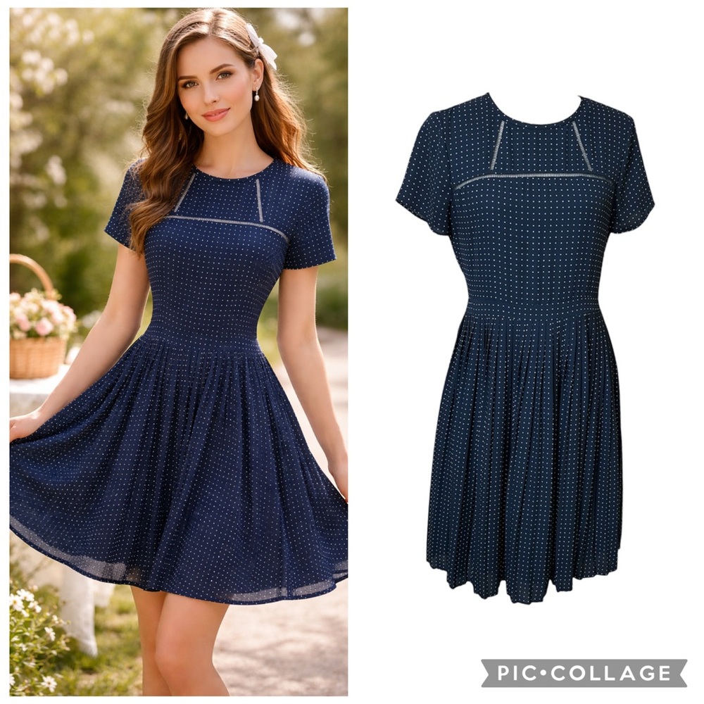 Banana Republic Navy with White Polka Dot Fit & Flare Mini Dress
